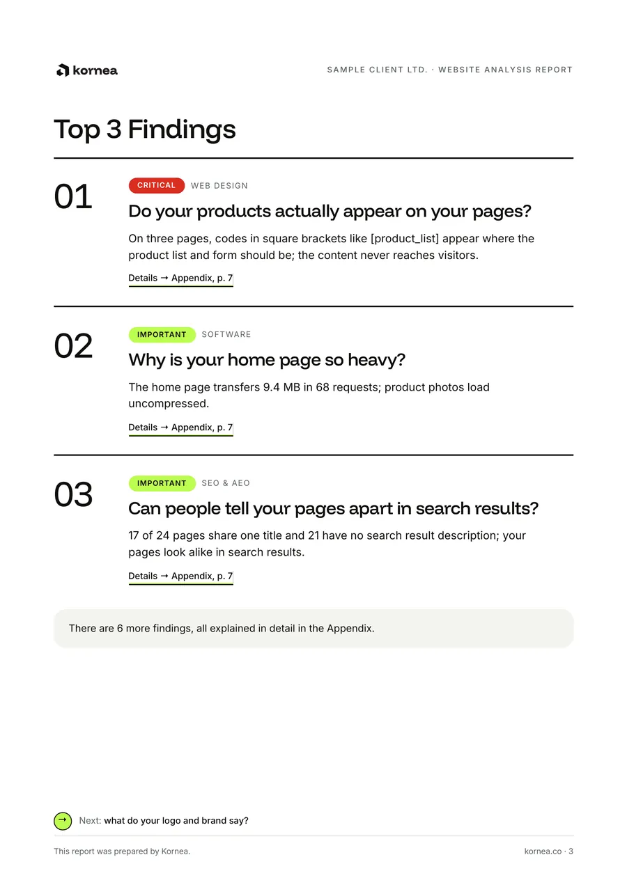 Fictional sample report, key findings page