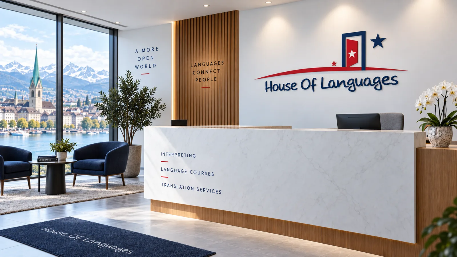 House Of Languages logo on a reception wall above a marble desk, with a lake view