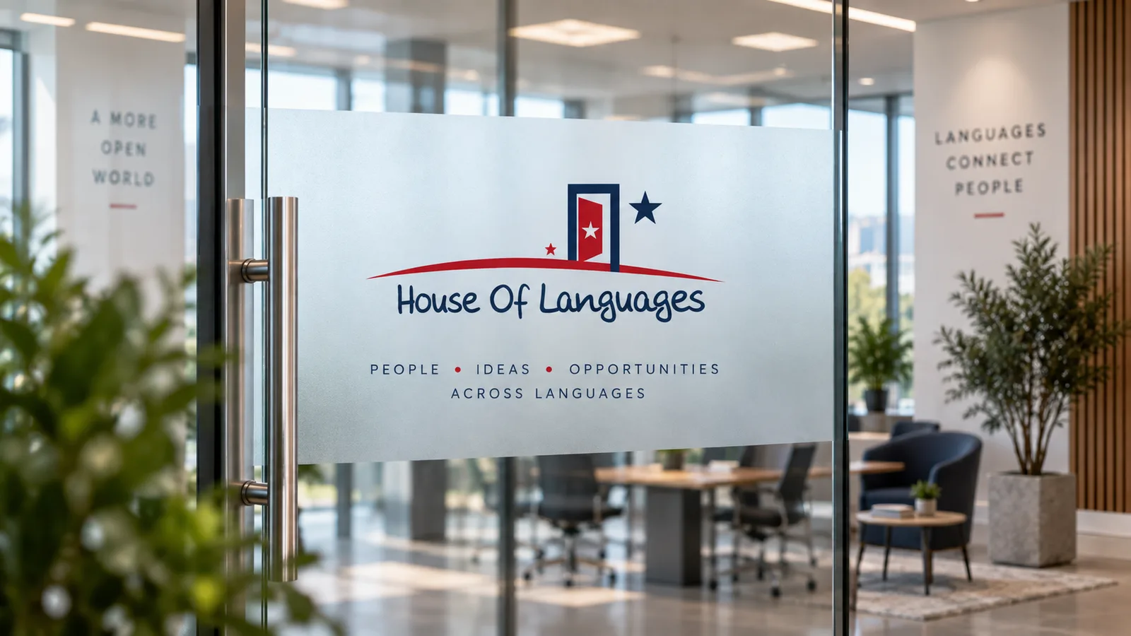 House Of Languages logo on a frosted glass office door