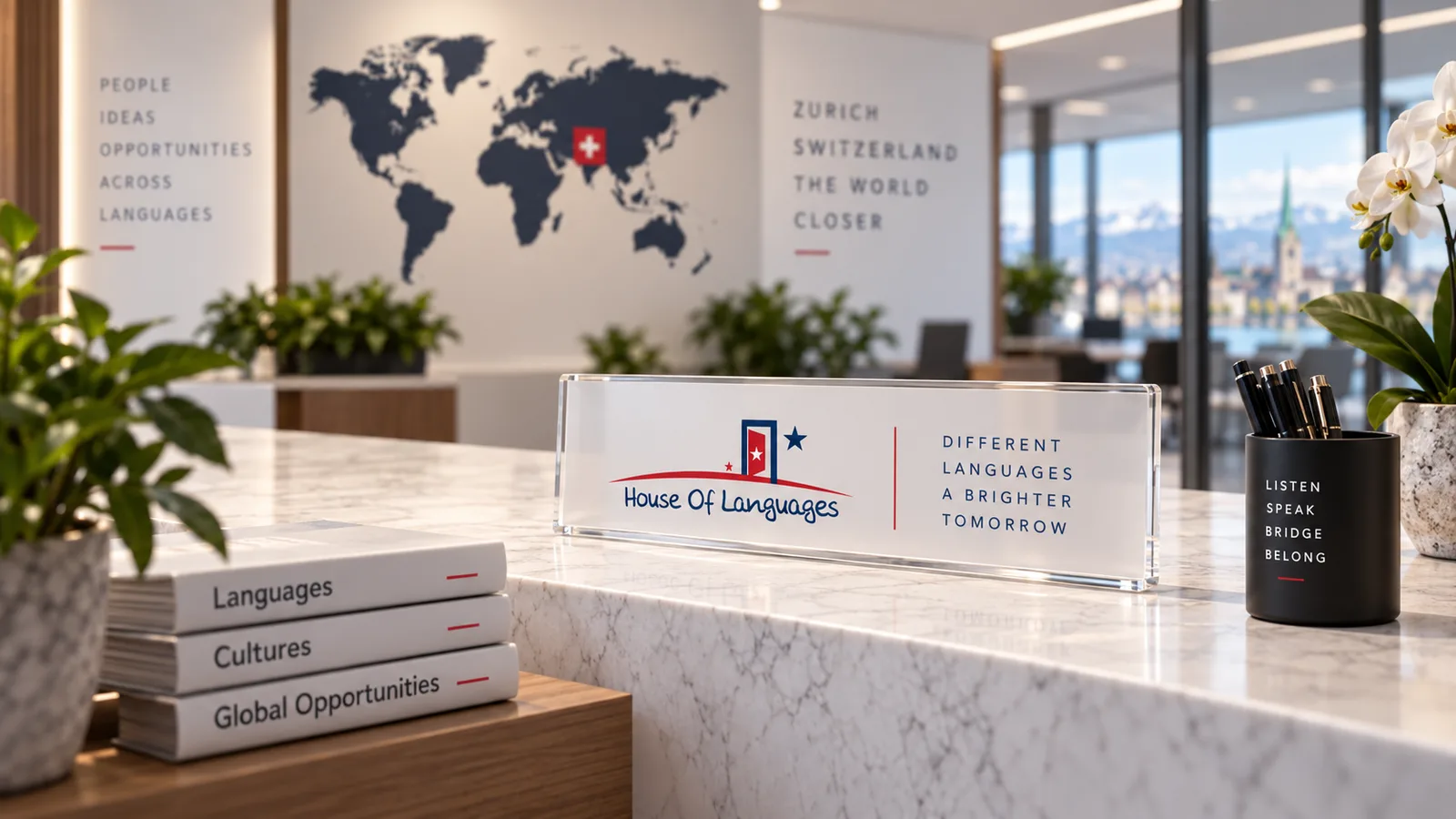 House Of Languages acrylic desk sign on a marble counter
