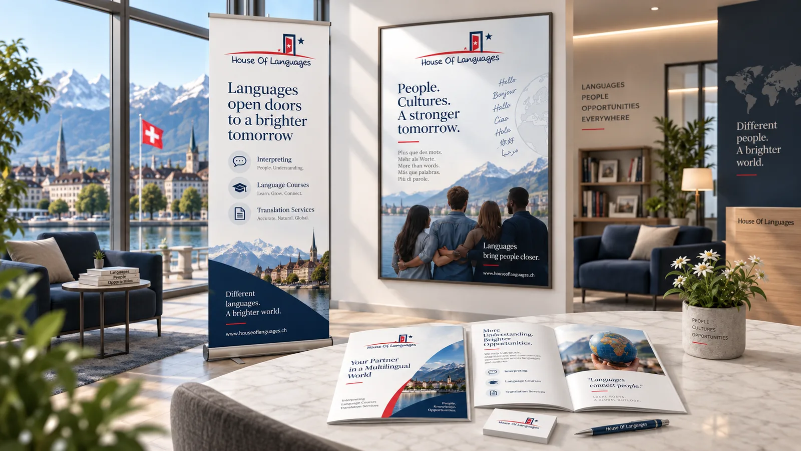 House Of Languages roll-up banner, poster and brochures in a lounge