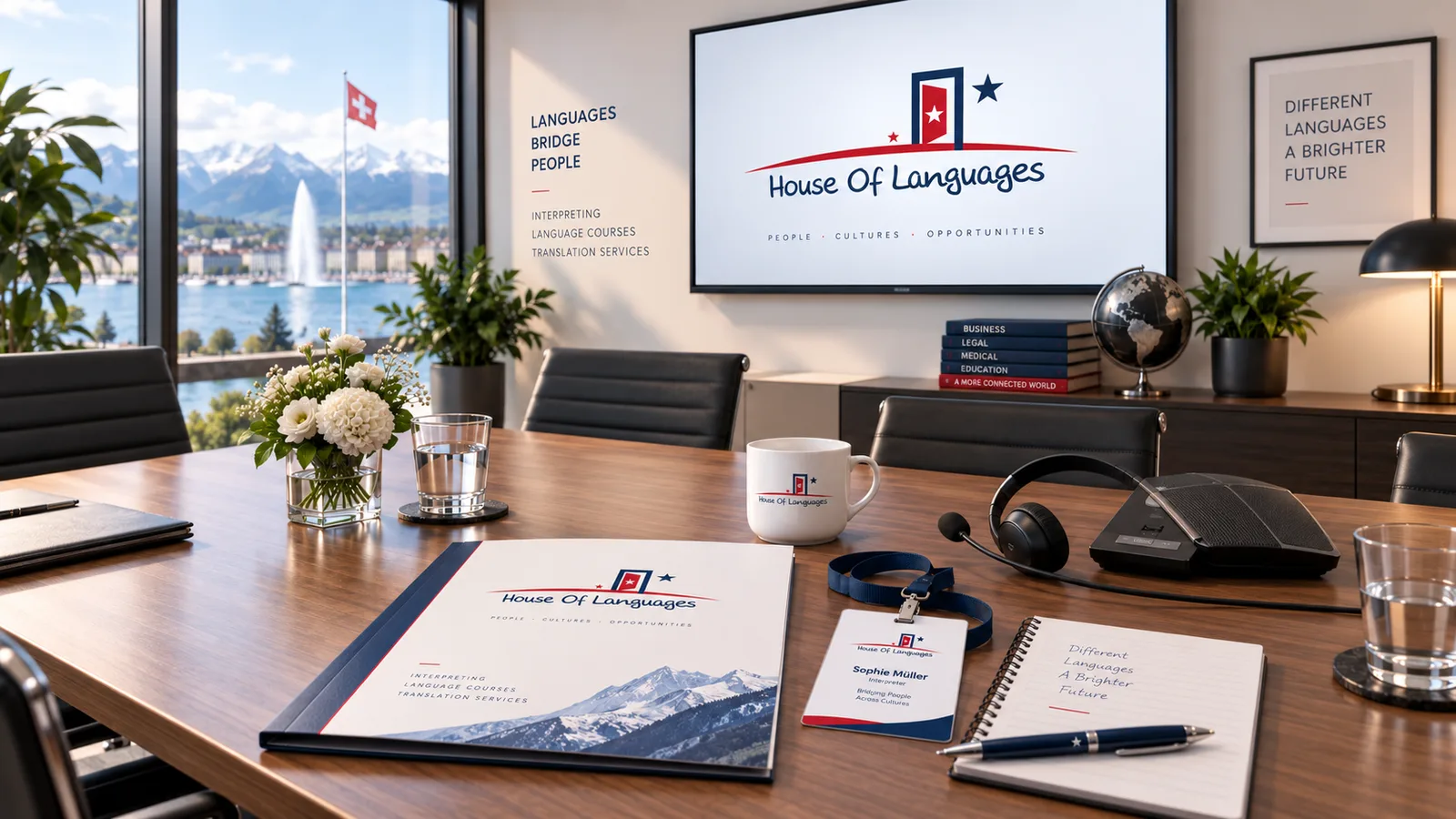 House Of Languages folder and notebook on a meeting-room table