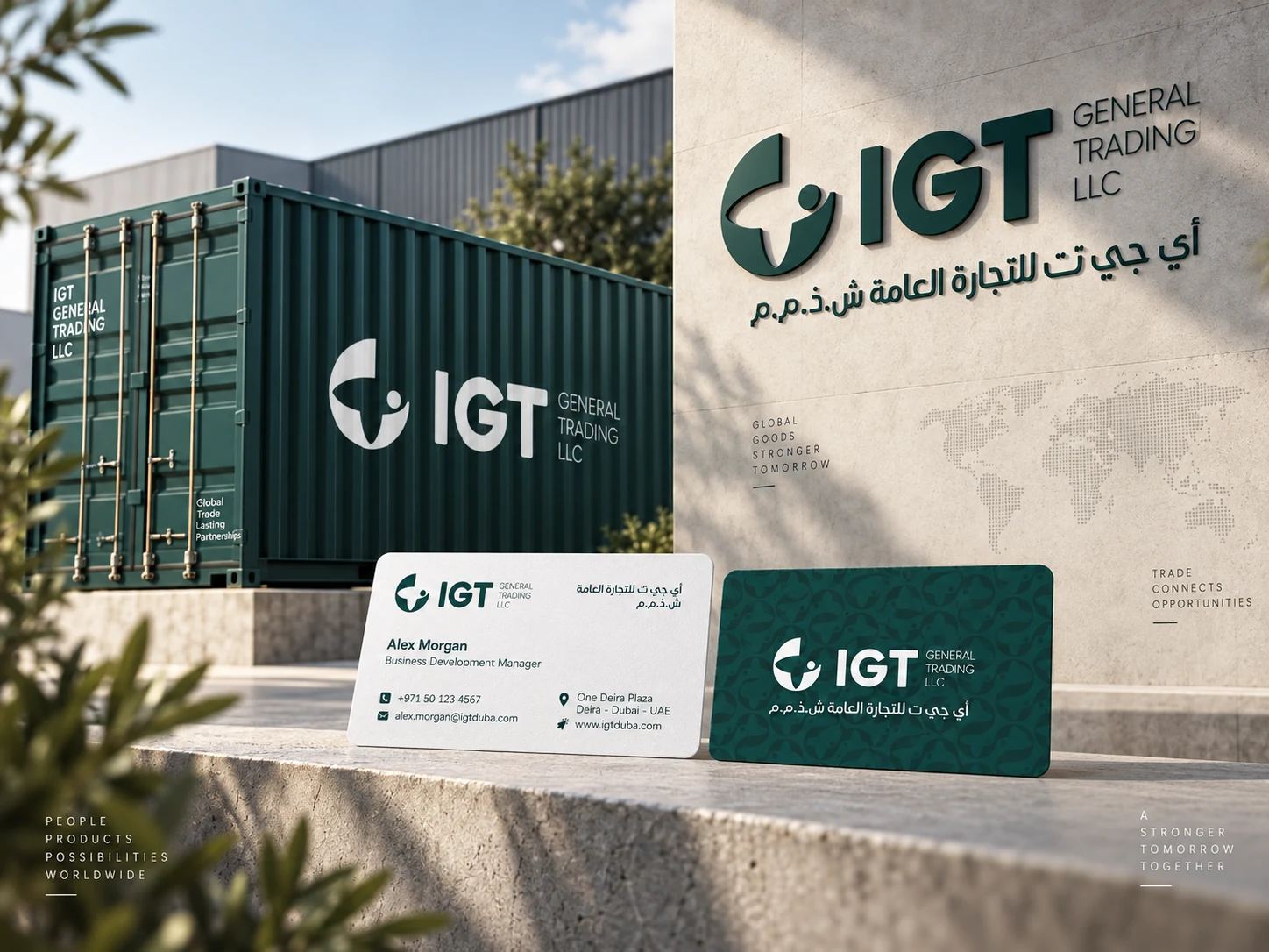 IGT General Trading logo on a green shipping container and building wall