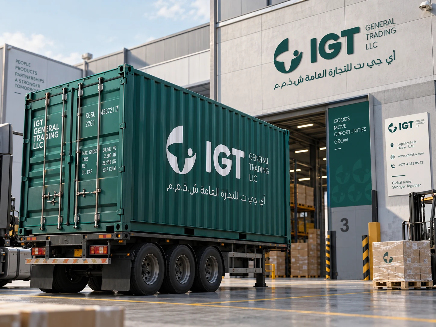 IGT branded shipping container on a truck at a warehouse