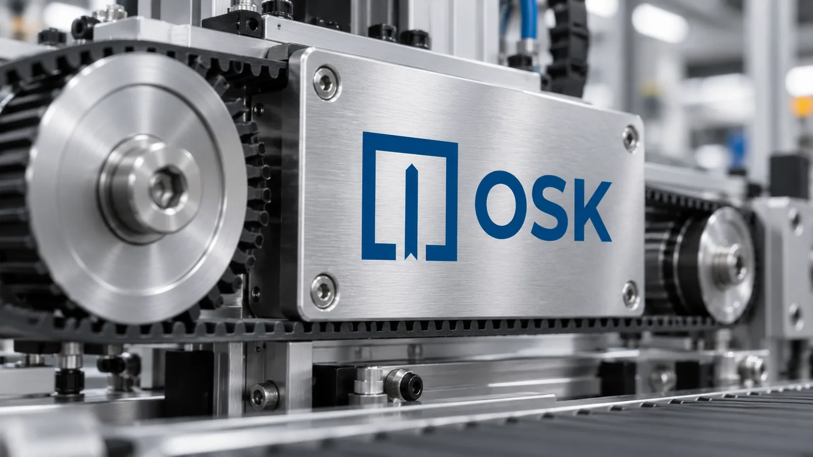 OSK logo plate on a brushed-metal machine with a pulley and belt drive