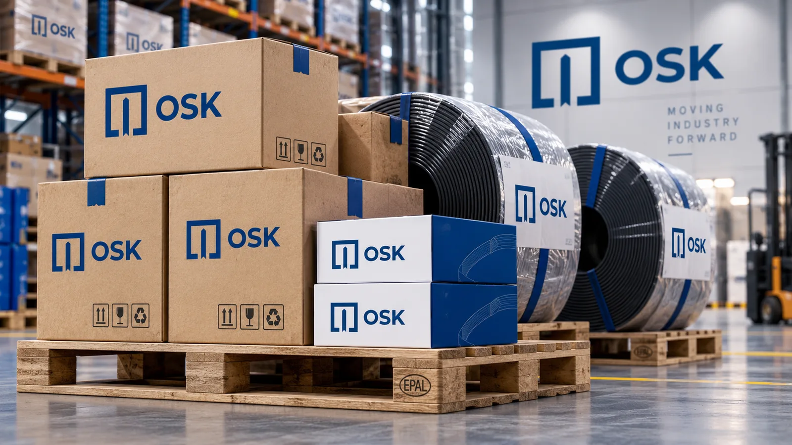 OSK branded boxes and belt reels on pallets in a warehouse