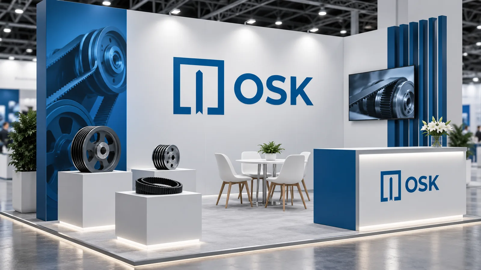 OSK trade-fair stand with product plinths and a reception counter